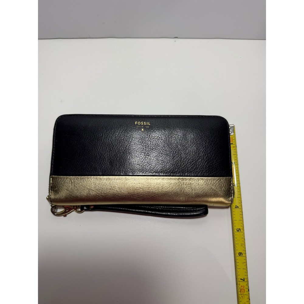 Fossil Zip Around Clutch Wallet Black Gold Metallic Women's Leather Wristlet EUC - Picture 7 of 7